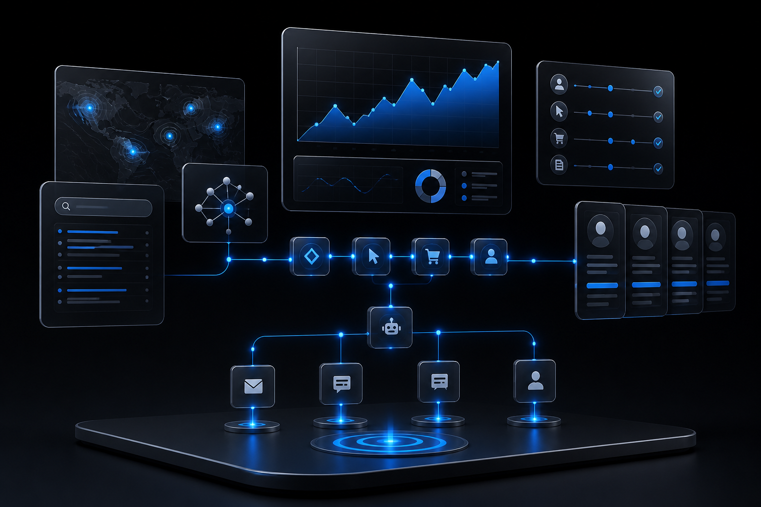 Tracking, SEO és automatizáció rendszer vizuál GA4, keresési szándék és lead útvonal elemekkel